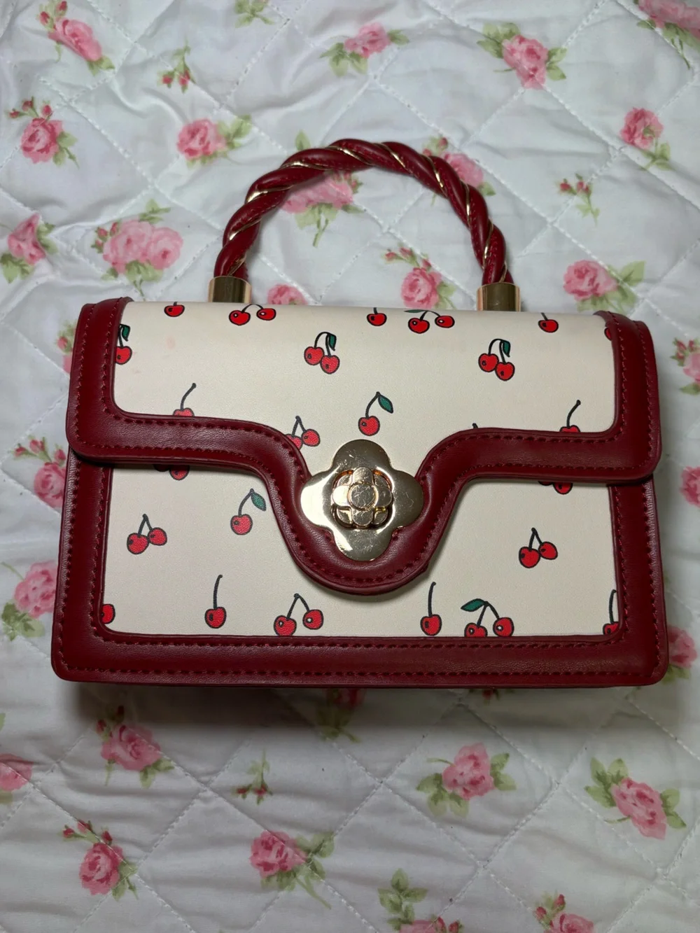 Cherry-Print Cream and Red Top-Handle Clutch